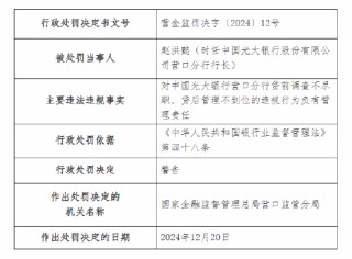 光大銀行營口分行被罰60萬元：因貸前調查不盡職 貸后管理不到位
