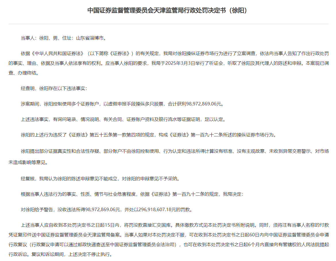 獲利9897萬、罰沒3.96億！一股民以虛假申報手段操縱多只股票被罰  第1張