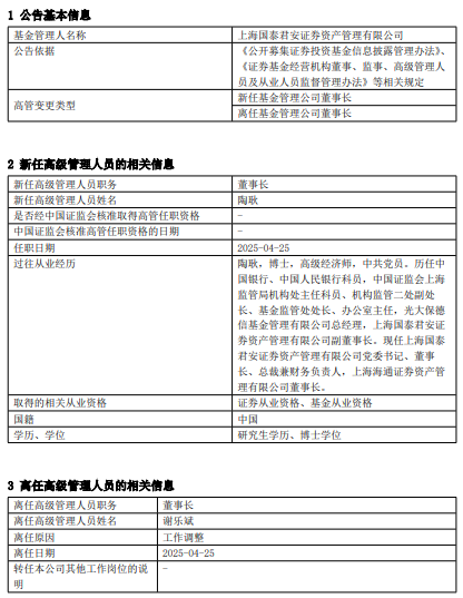 國泰君安資產管理高管變更：謝樂斌離任 新任陶耿為董事長  第1張